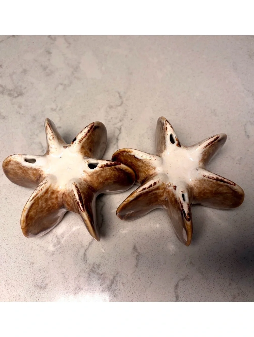 Pair Brown Glazed Ceramic Starburst Candle Holders Sculptural Modern Decor